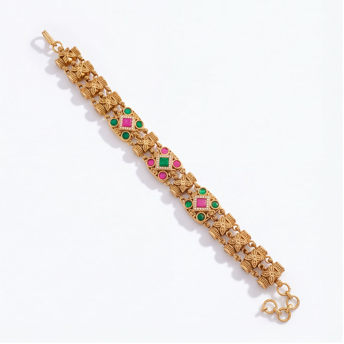 Antique Gold-Tone Floral & Stone Link Bracelet for Women | Festive Ethnic Jewellery