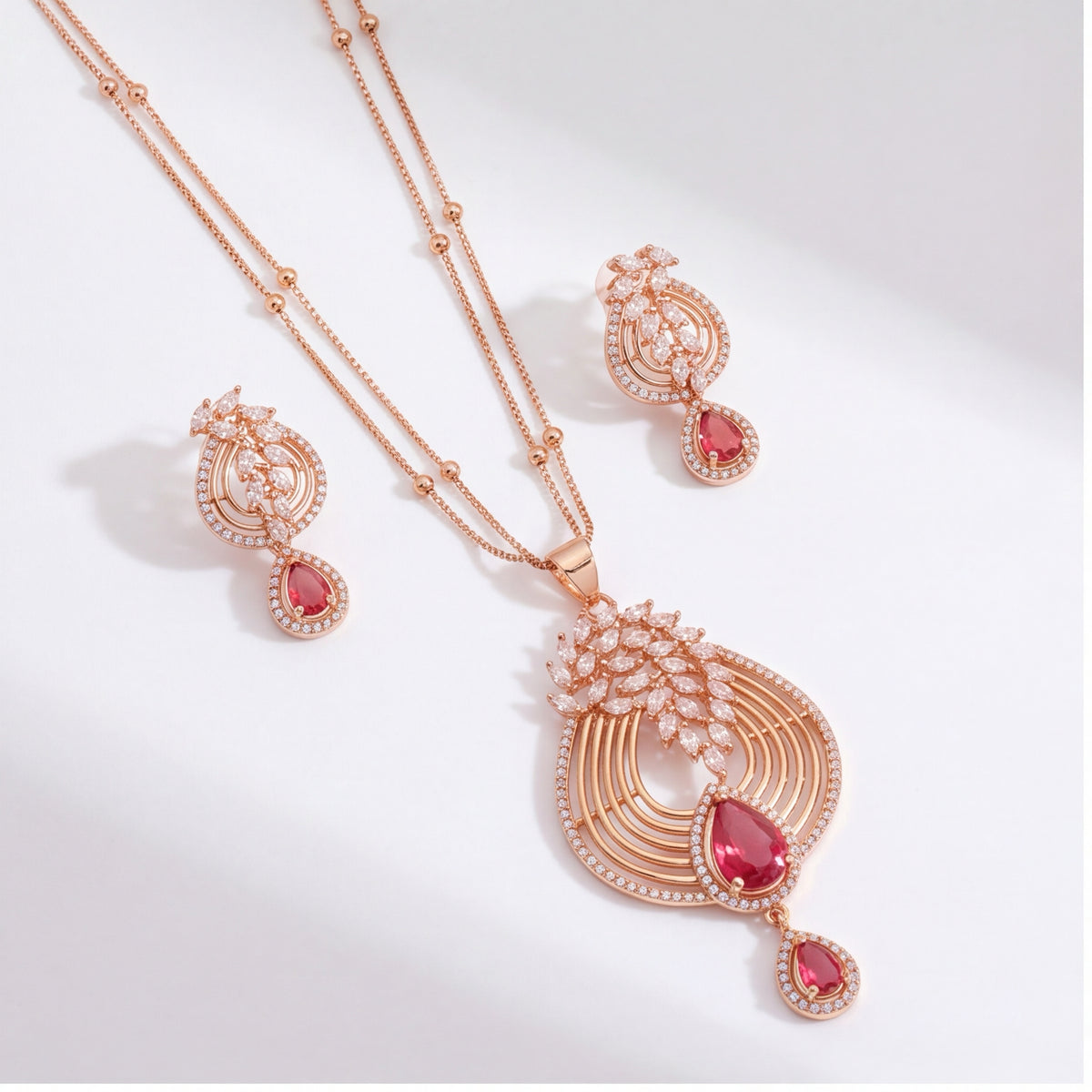 Ruby Red Crystal Floral Necklace & Earrings Set for Women | Rose Gold Tone Jewellery