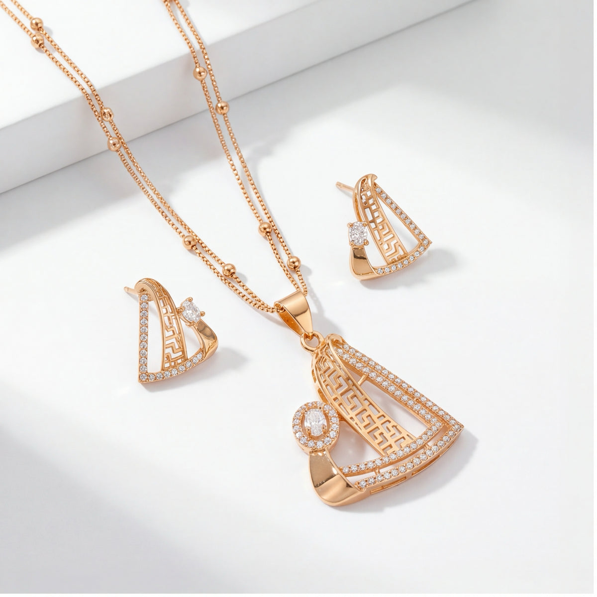 Geometric Crystal Pendant Necklace & Earrings Set for Women | Gold Tone Statement Jewellery