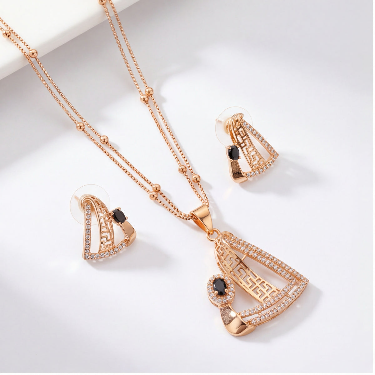 Black Crystal Geometric Pendant Necklace & Earrings Set for Women | Gold Tone Statement Jewellery