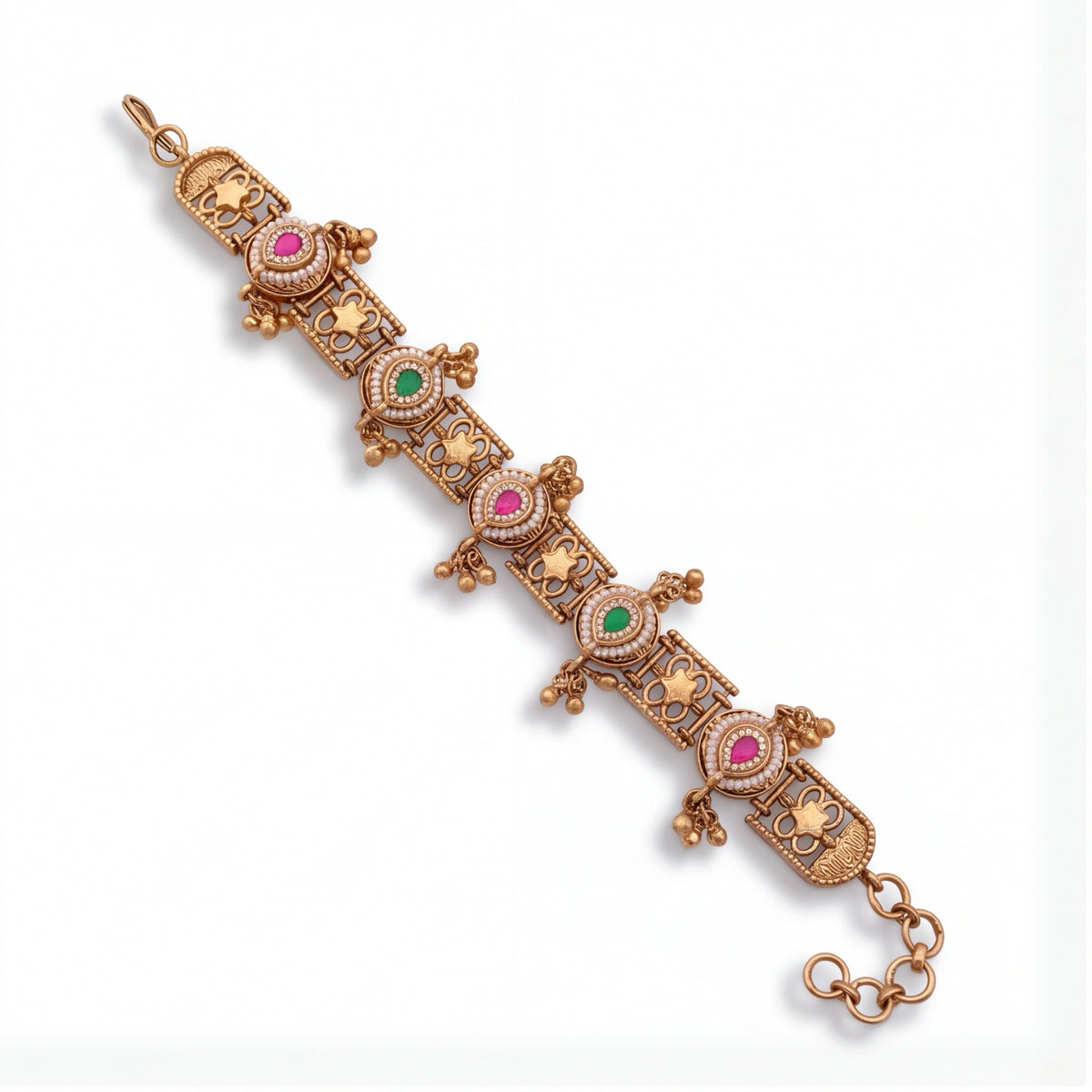 Antique Gold-Tone Ghungroo Bead & Pearl Halo Stone Bracelet for Women | Festive Ethnic Jewellery
