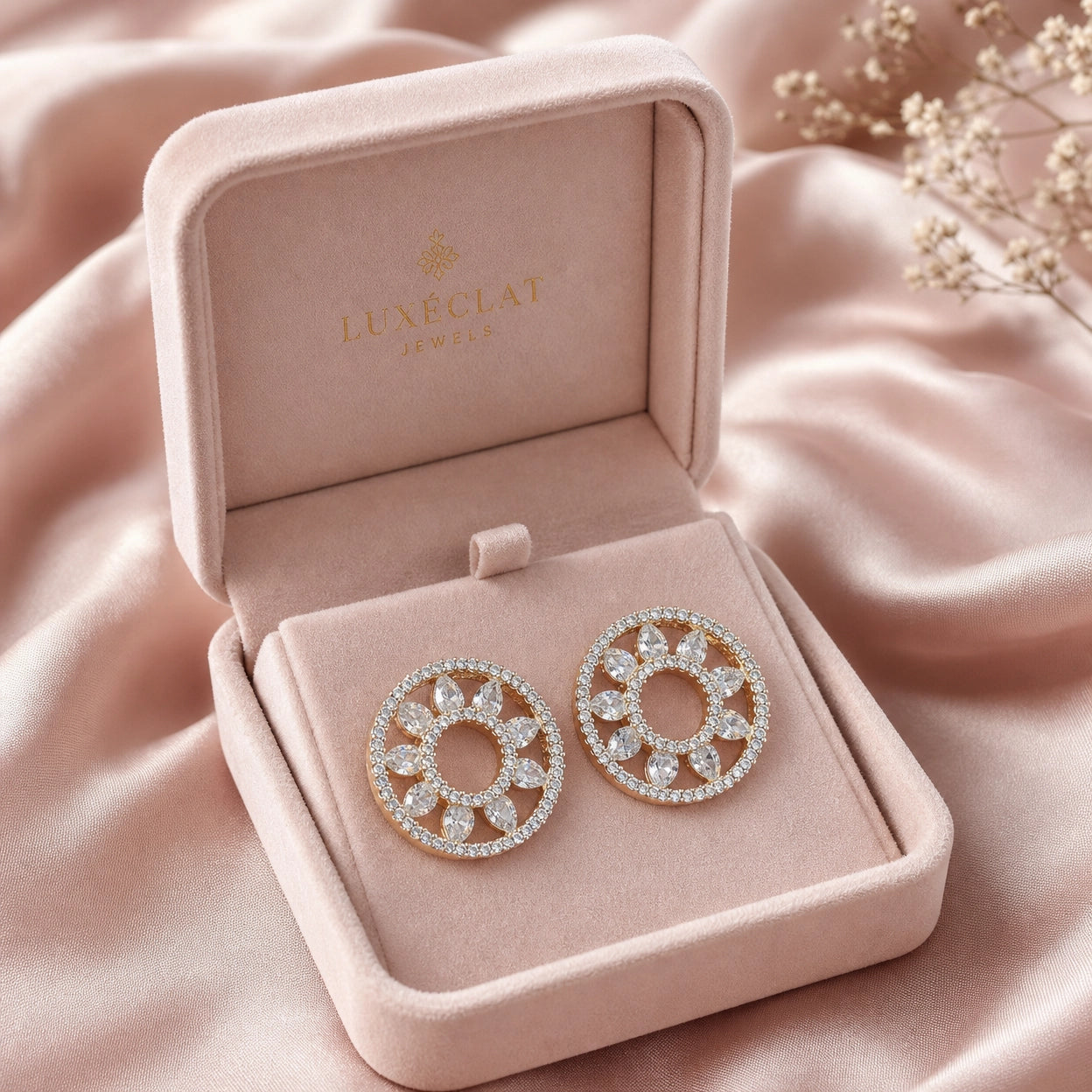 Sunburst CZ Stud Earrings for Women | Gold Tone Circular Earrings | Floral Crystal Party Wear Brass Jewelry