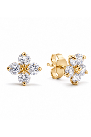 Gold and crystal flower-shaped earrings on a white background