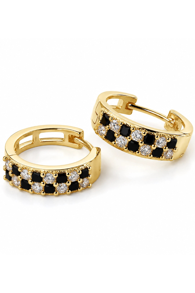 Gold Tone CZ Hoop Earrings for Women | Black & White Crystal Huggie Hoops | Trendy Party Wear Brass Earrings