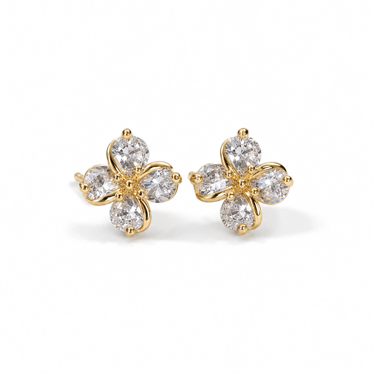 Floral CZ Stud Earrings for Women | Gold Tone Brass Flower Earrings | Elegant Daily Wear & Party Jewelry Gift