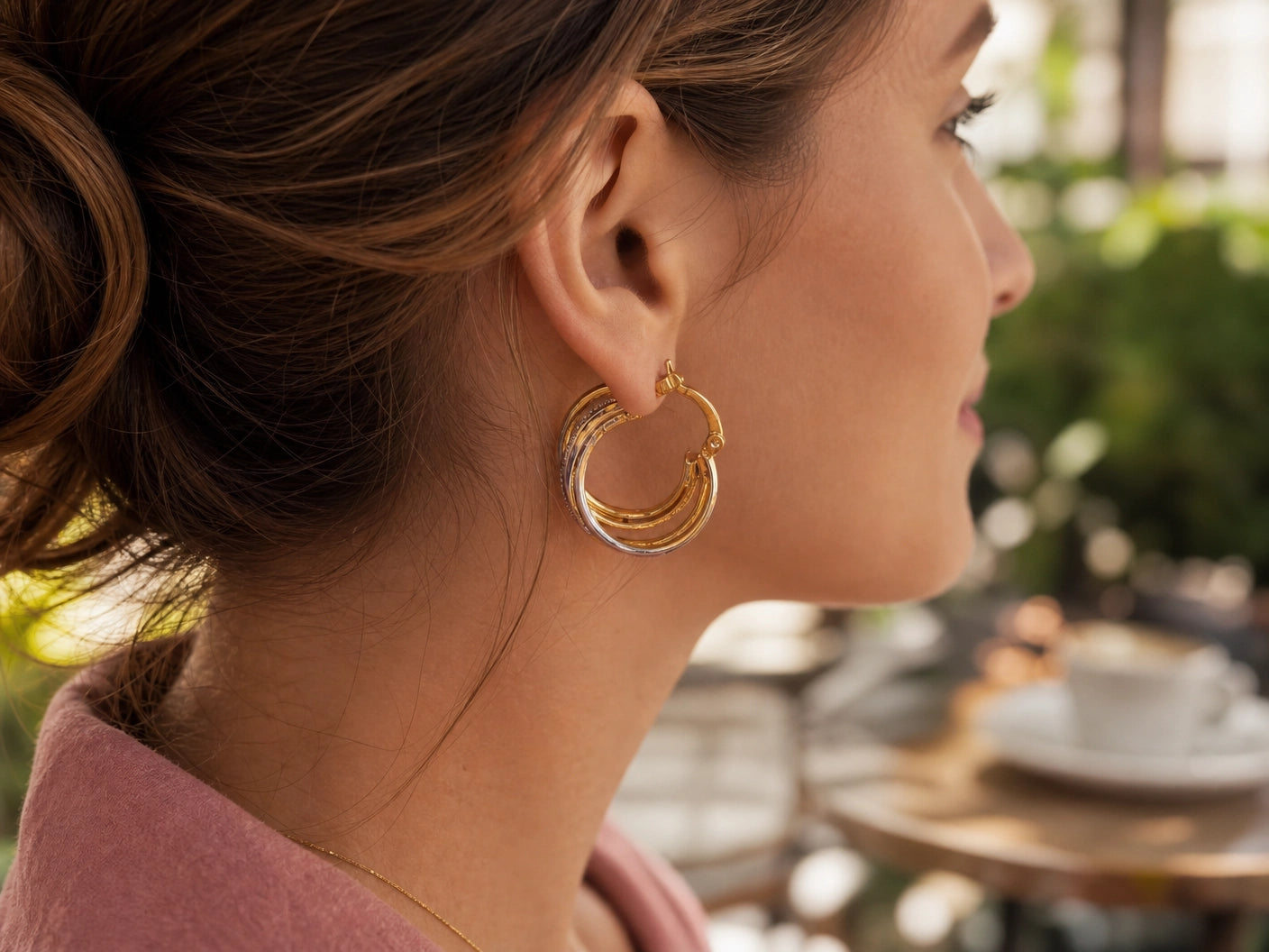 Tri Tone Layered Hoop Earrings for Women | Gold Silver Rose Gold Multi Ring Hoops | Elegant Brass Statement Jewelry